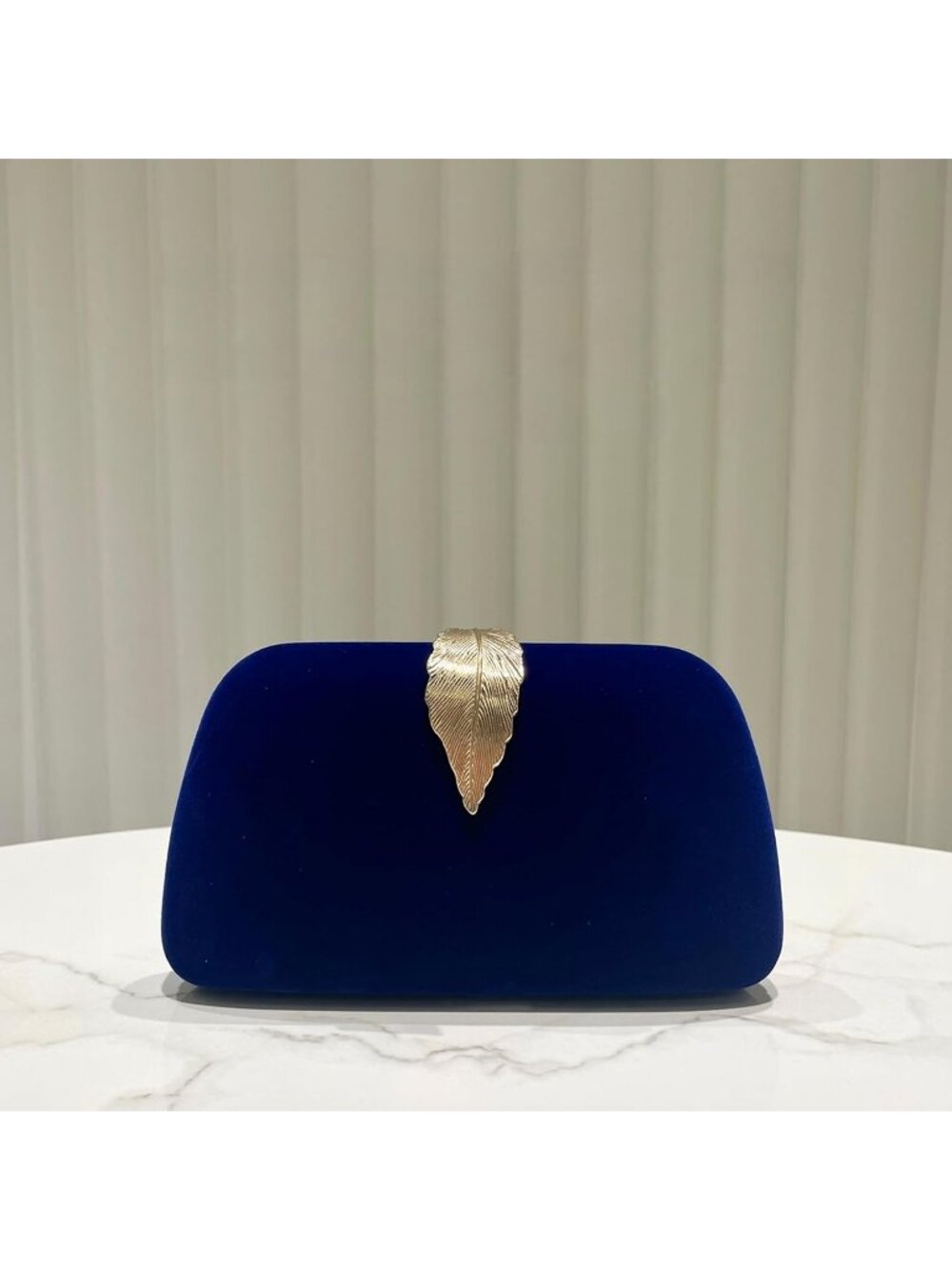 Women's Blue Elegant Clutch Purse Metallic Leaves Clasp Banquet Evening Bag - Picture 2 of 4